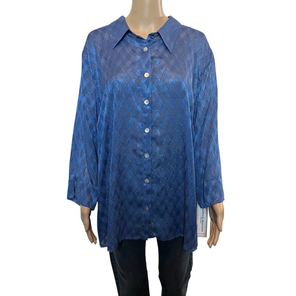 Alfred Dunner Women Button Shirt Top Blouse Blue Size 22W Semi Sheer 3/4 Sleeve